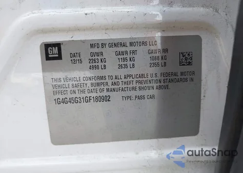 2016 Buick Lacrosse Sport Touring z USA, uszkodzony, nr VIN 1G4G45G31GF180902